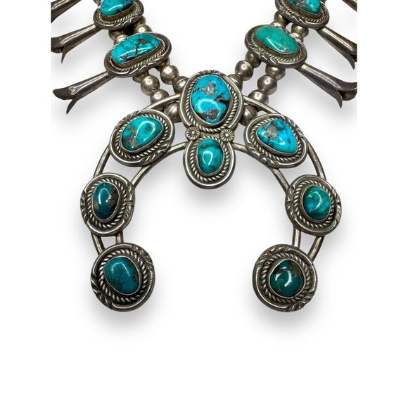 Native American Old Pawn Squash Blossom Necklace 26" Sterling Silver & Turquoise - Picture 4 of 16